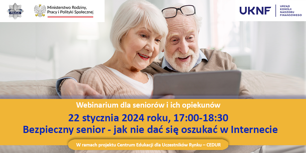 grafika webinarium dla senior&oacute;w, dw&oacute;ch senior&oacute;w przy laptopie