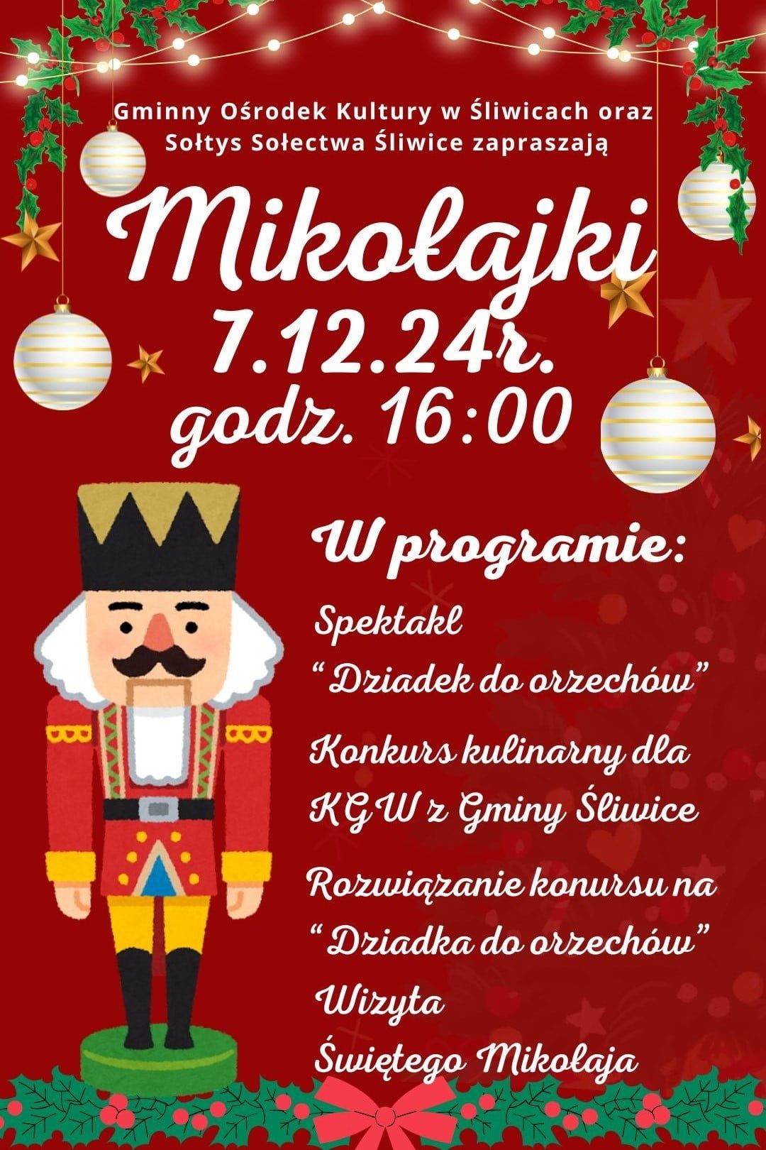 plakat mikołajki w GOK ŚLIWICE