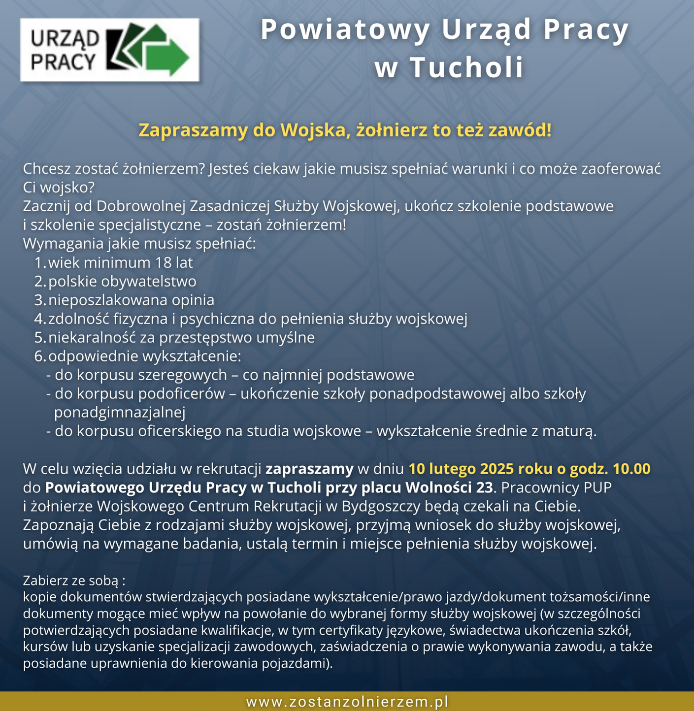 plakat zostań żołnierzem z informacjami przedstawionymi powyżej