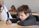 chłopiec oparty o stół rozwiązuje test